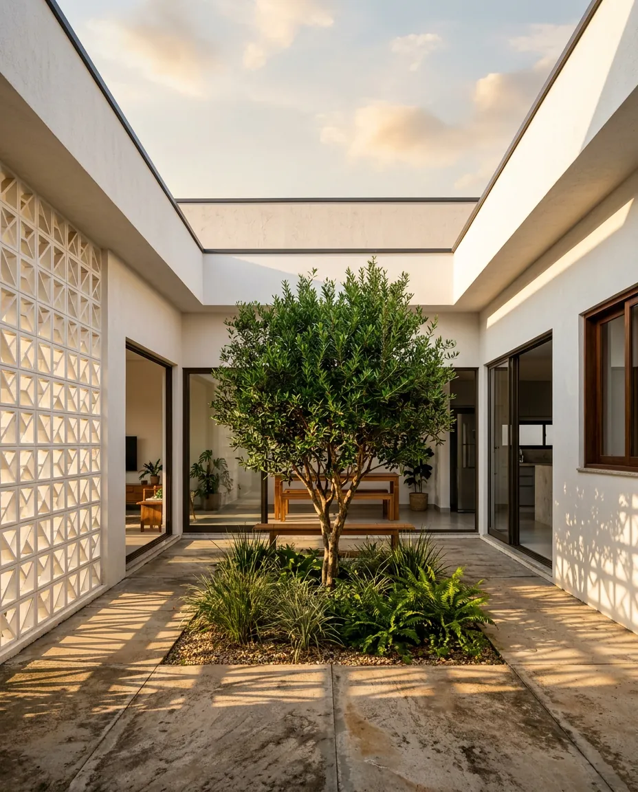 Casa térrea com pátio interno, paredes brancas e cobogós