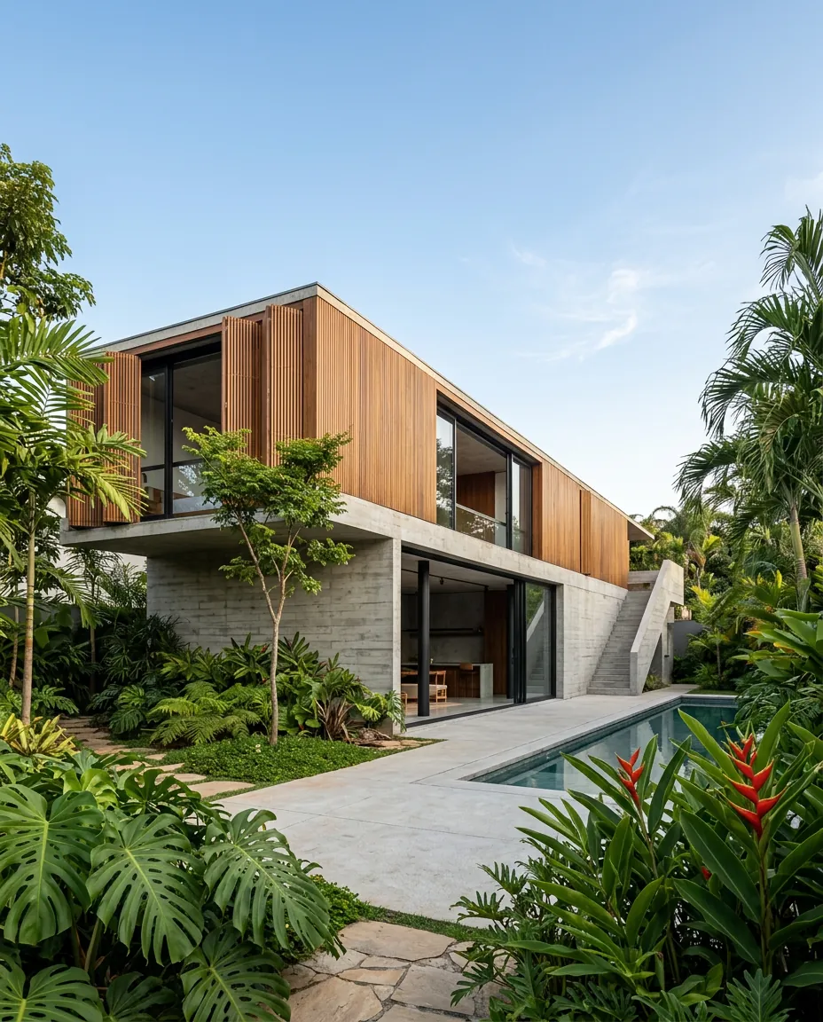 Casa Pinheiros: fachada em concreto aparente e madeira com jardim tropical