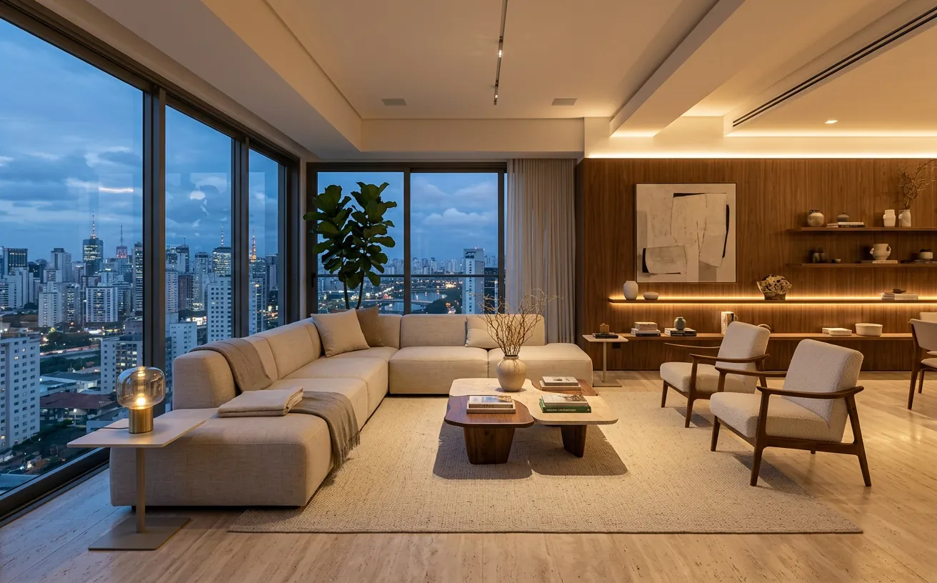 Sala de cobertura com vista panorâmica da cidade, travertino e madeira nogueira