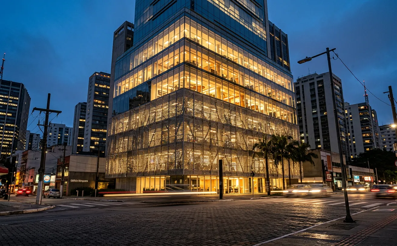 Fachada de edifício comercial com tela metálica perfurada ao entardecer