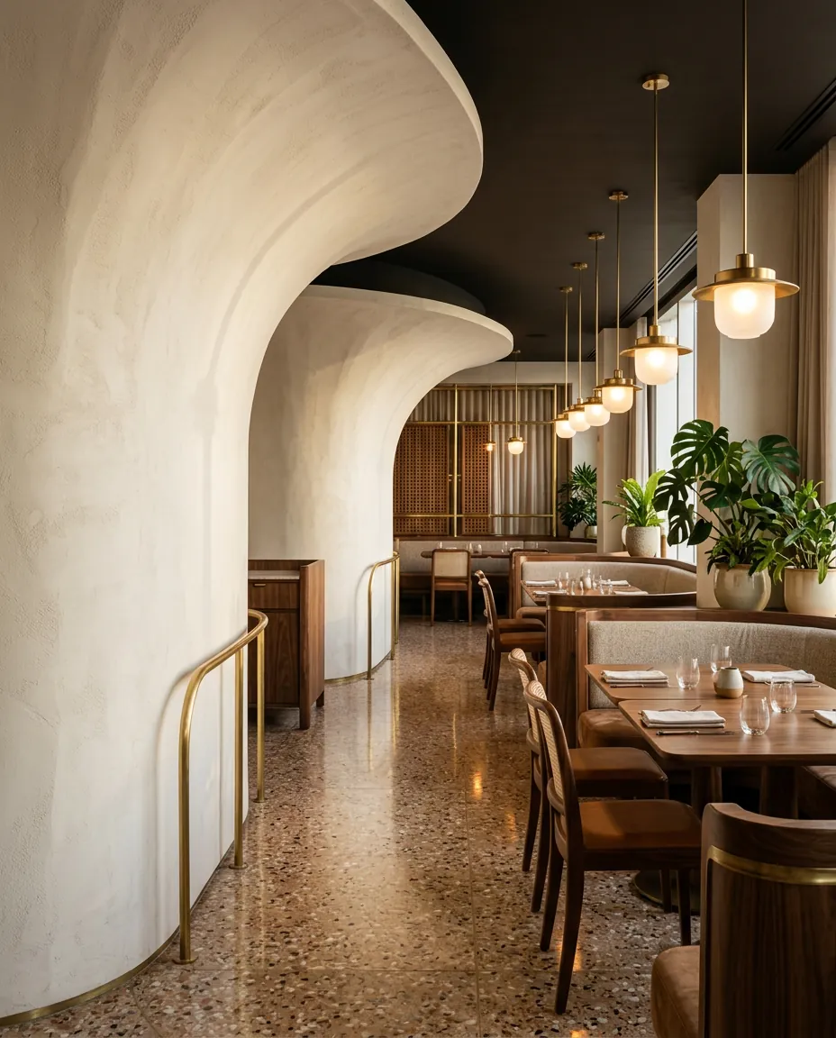 Restaurante com paredes curvas de reboco, piso em terrazzo e iluminação quente